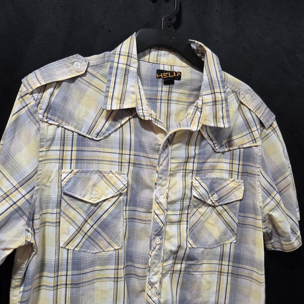 Helix Men Sz L Short Sleeve Plaid Western Button Down Shirt Y2K Grunge Cowboy SS